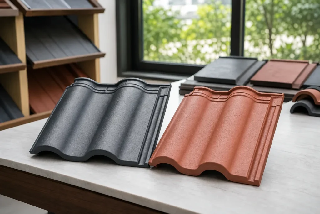 Mẫu ngói Fuji màu ghi và đỏ trầm trưng bày tại showroom